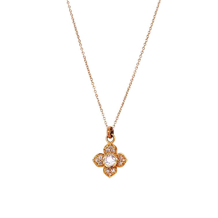 Collar Colgante De Trébol De Piedra Lunar Arco Iris De Oro Amarillo De 14Kt 0.25 Ct.
