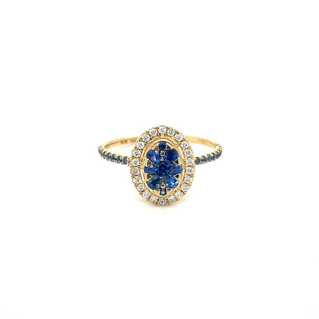 Anillo De Diamantes Y Zafiro En Oro Amarillo De 14 Quilates 0.72 TCW.