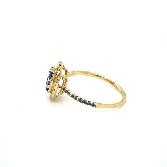 Anillo De Diamantes Y Zafiro En Oro Amarillo De 14 Quilates 0.72 TCW.