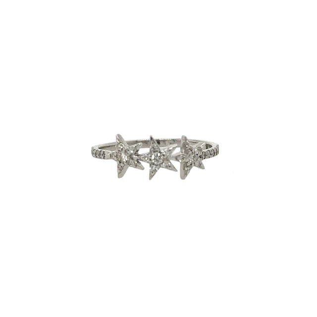 Anillo De Oro Blanco De 14K Con 3 Estrellas 0.21 Ct.