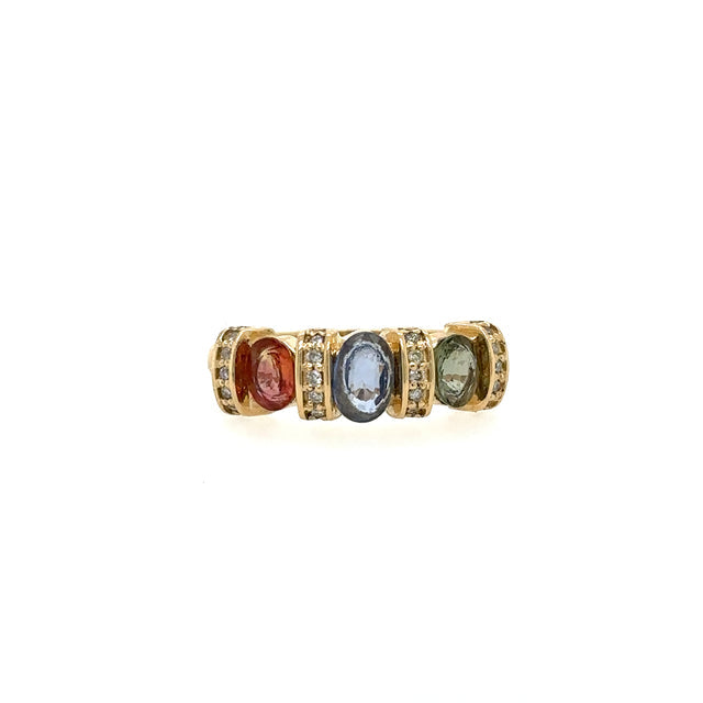 Anillo De Oro Amarillo Con Multi Zafiro Y Diamantes 1.49 TCW.