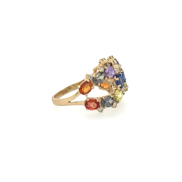 Anillo De Oro Amarillo Con Zafiro Multicolor Y Diamantes 3.25 Ct.