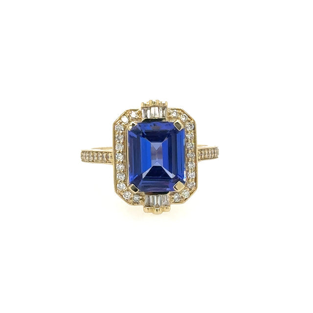 Anillo Tanzanita De Oro Amarillo Con Diamantes 3.28 Ct.