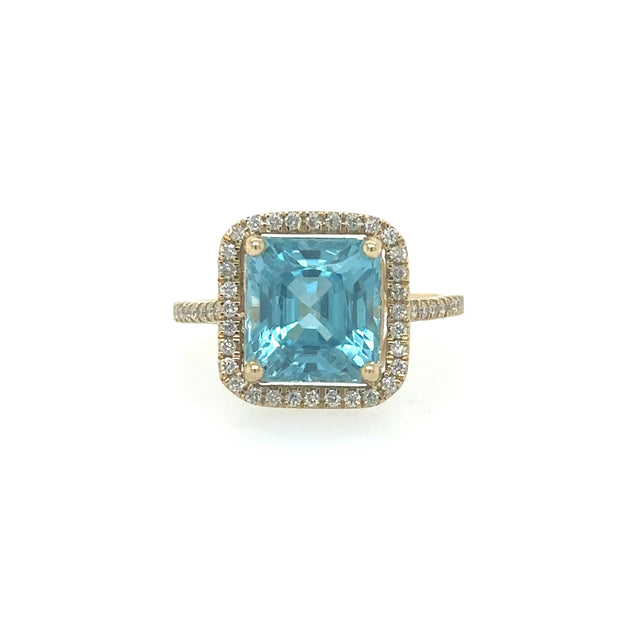 Anillo Oro Amarillo De 14 Quilates Con Diamantes Y Circonitas Azules 0.36 Ct.