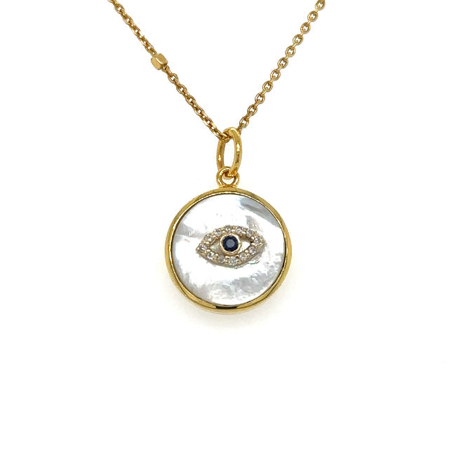 Colgante De Ojo Malvado De Nácar De Oro Amarillo De 14 Quilates Con Diamantes 0.07 Ct.
