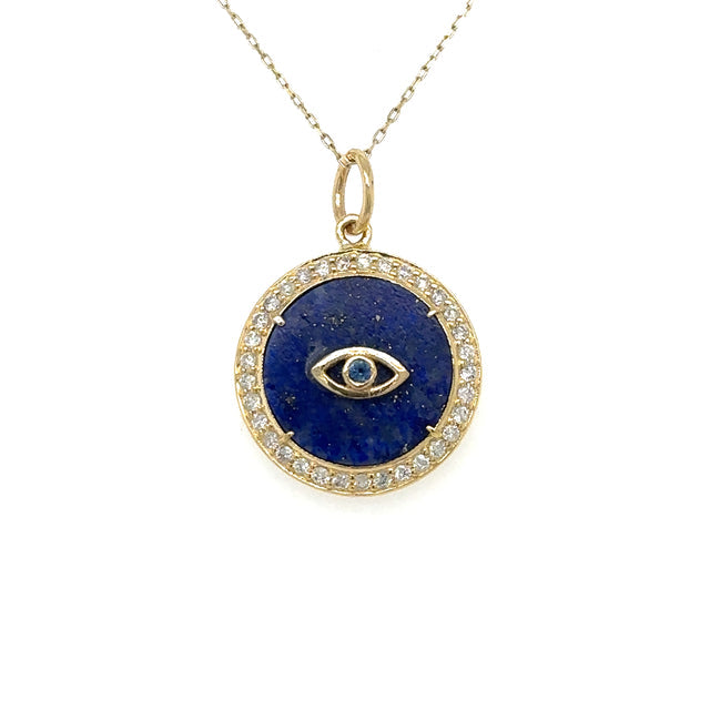 Colgante De Oro Amarillo Lapislázuli Ojo Malvado Con Diamantes 3.44 Ct.